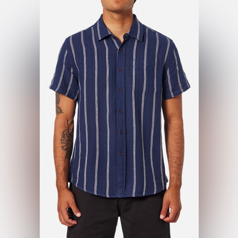 Katin (M) Alan Short Sleeve Blue/ White Button Up Cotton Linen Herringbone Shirt